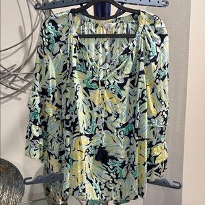 crown & ivy Navy Floral Tassel Tunic with Yellow & Mint Accents